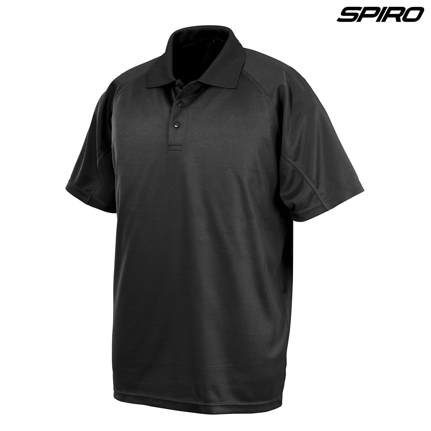 A black youth polo shirt featuring a collar, short sleeves, and a branded logo on the side.