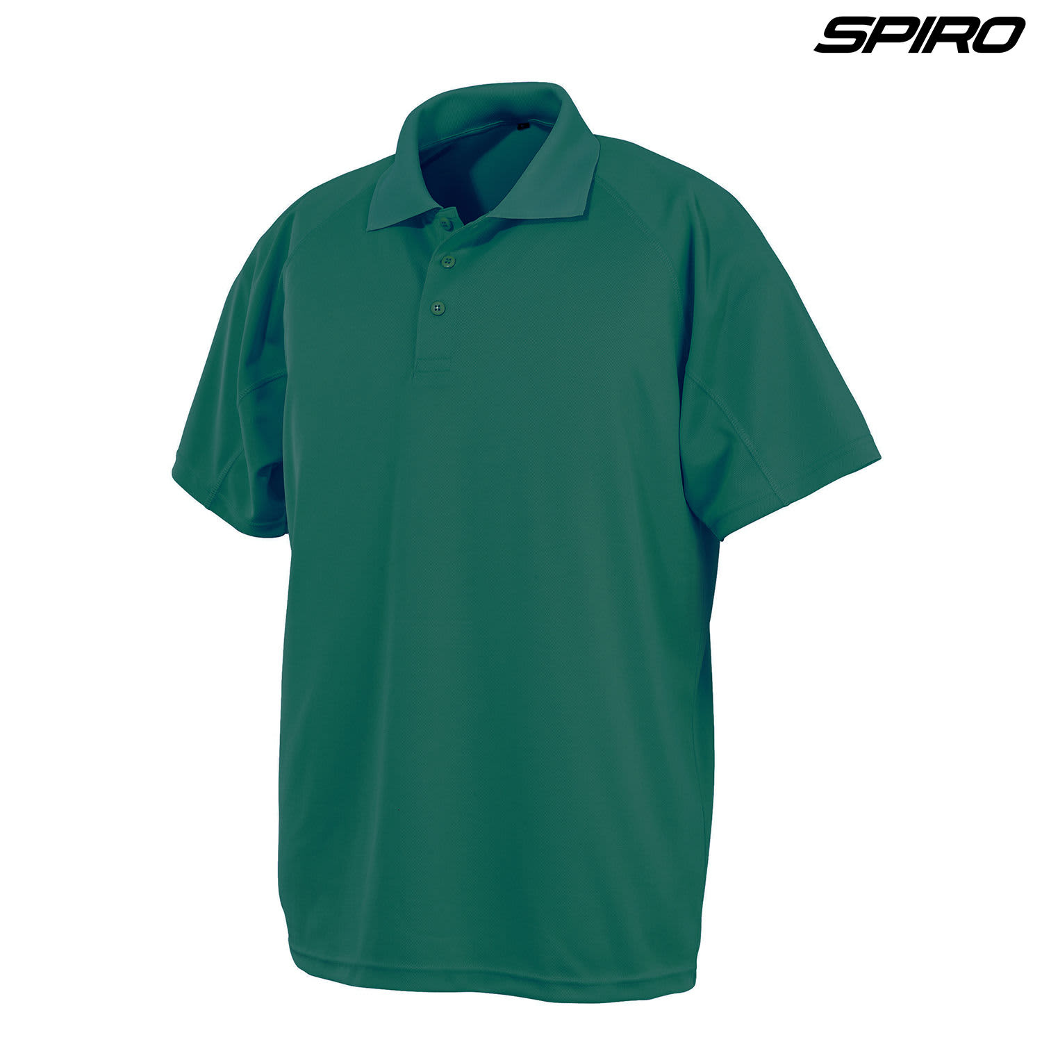 A green polo shirt with a collar and buttons, featuring a logo on the upper right.