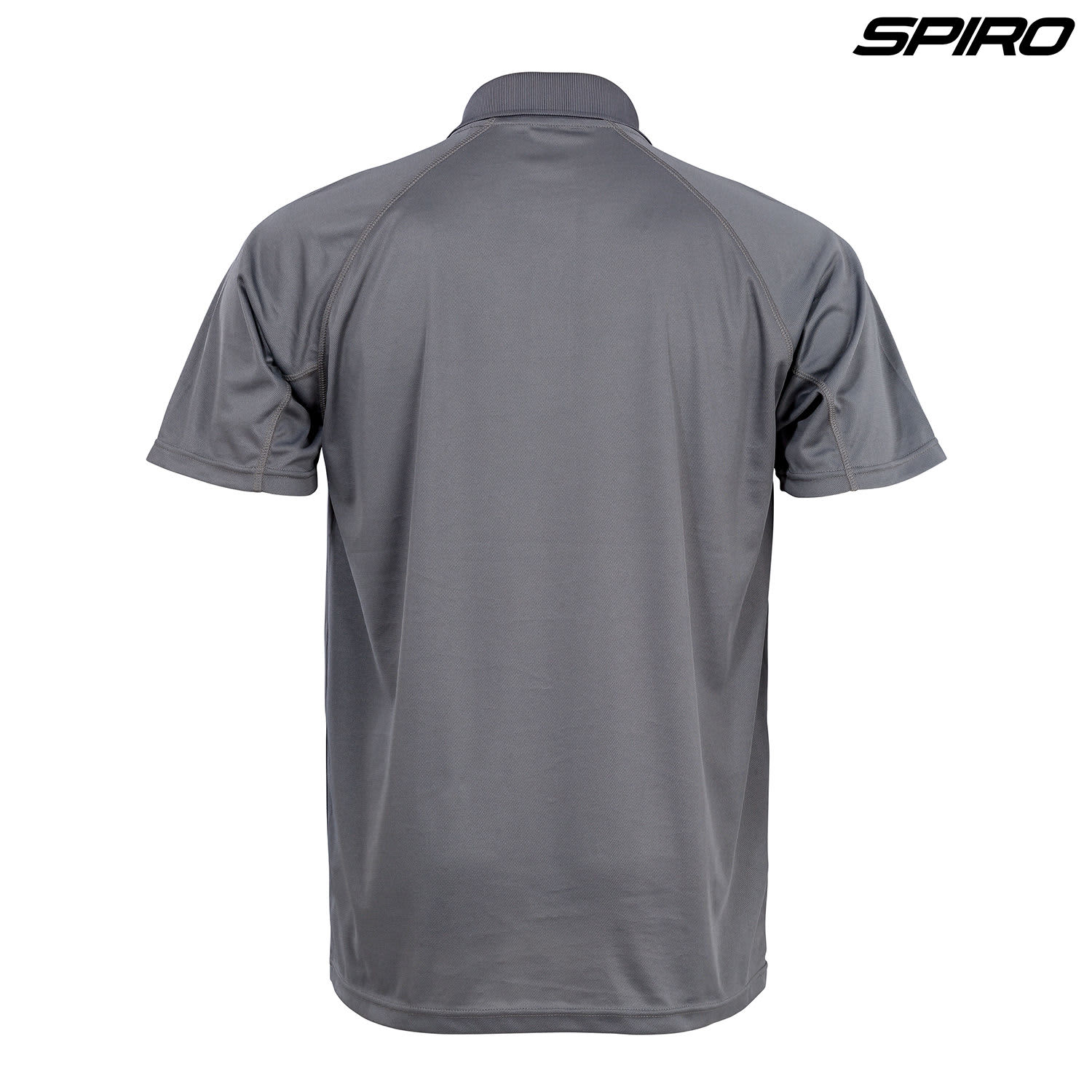 A grey polo shirt with a collar and a logo, featuring short sleeves and a smooth, breathable fabric.