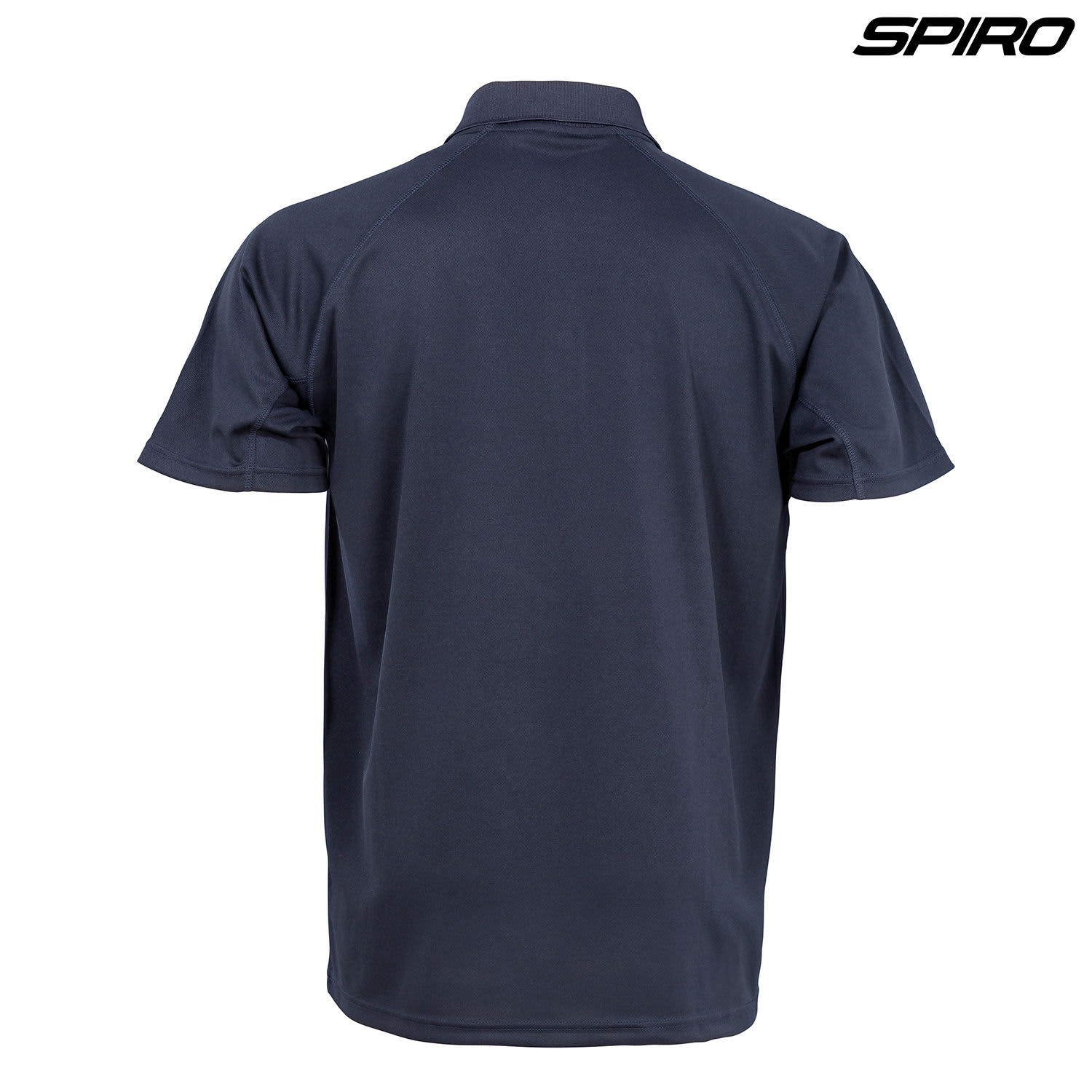 A navy polo shirt with a collar and short sleeves, featuring a logo on the upper left.