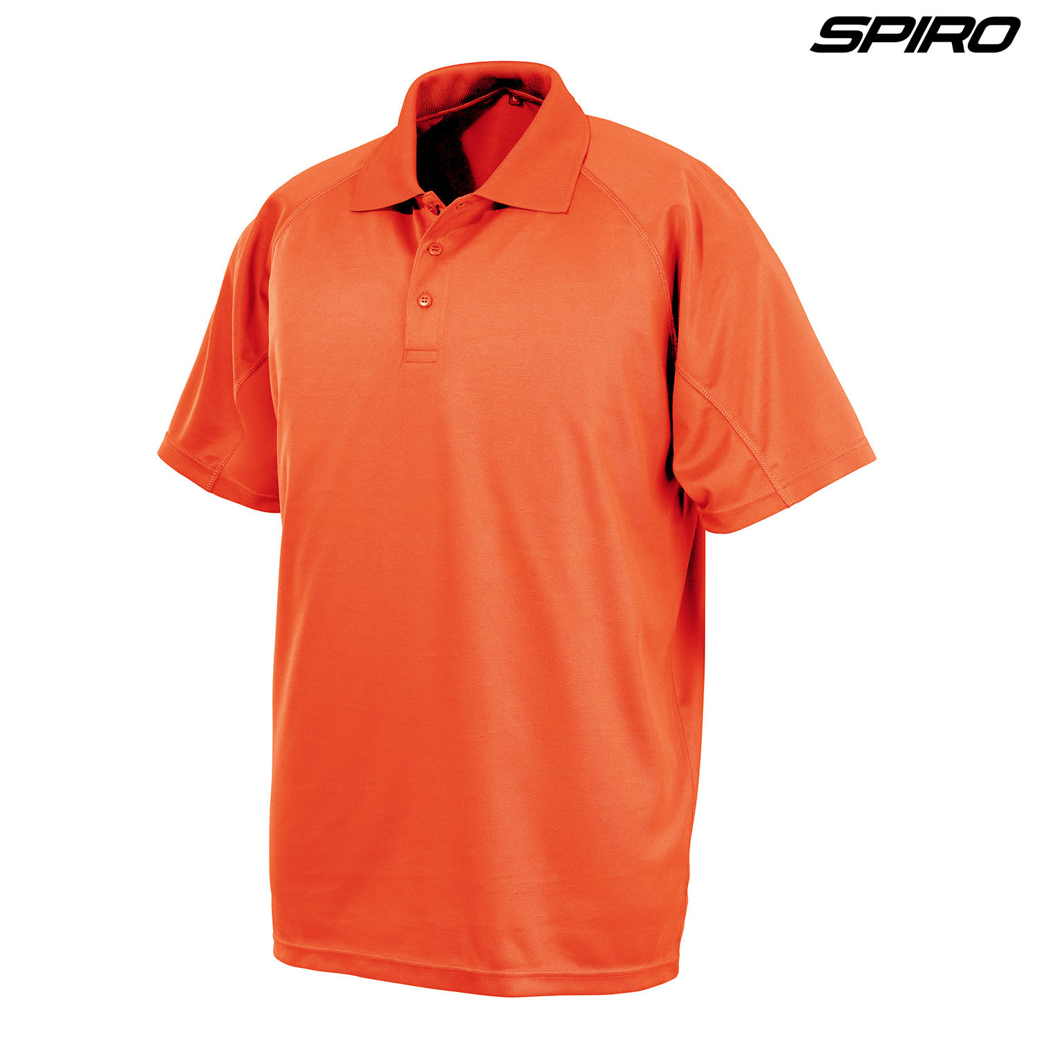 An orange polo shirt with a collar, featuring short sleeves and a logo on the upper right.
