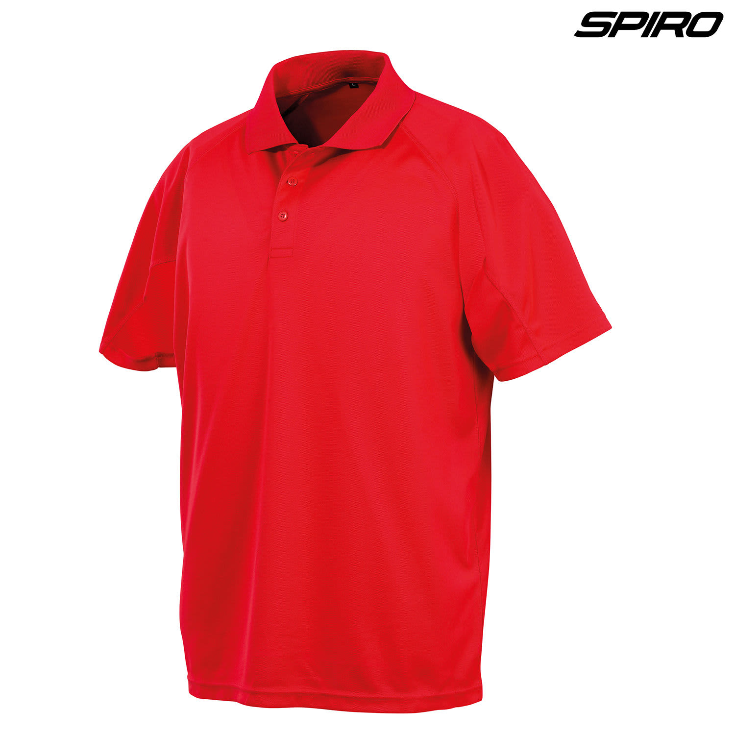 A red polo shirt with a collar and short sleeves, featuring a logo.