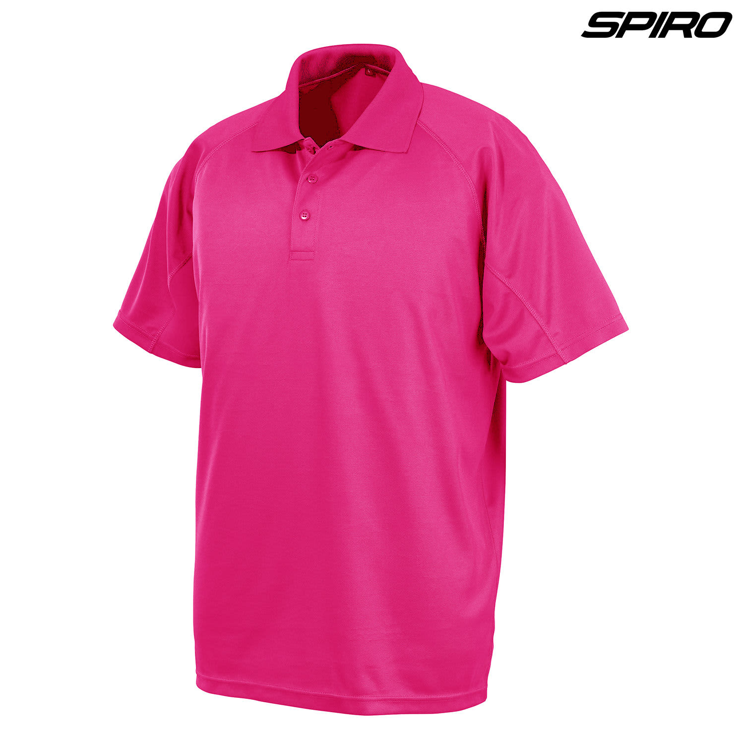 A bright pink polo shirt with a classic collar and a logo present.