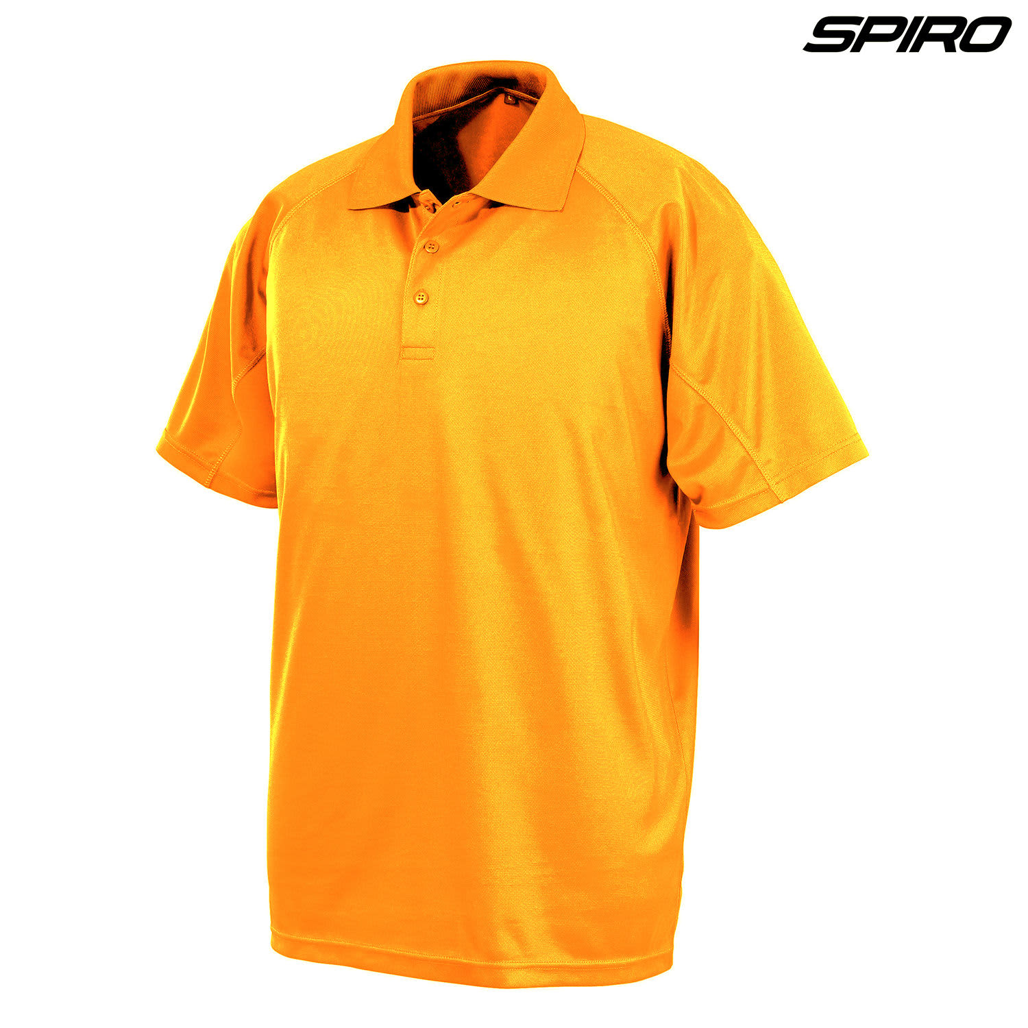 An orange polo shirt with short sleeves and a collar, featuring a logo. Suitable for youth performance activities.