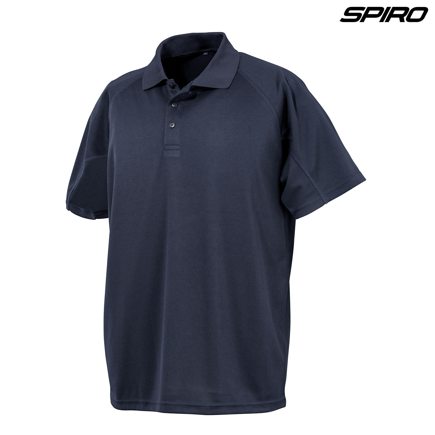 A navy polo shirt with short sleeves, featuring a collar and a logo on the upper right.