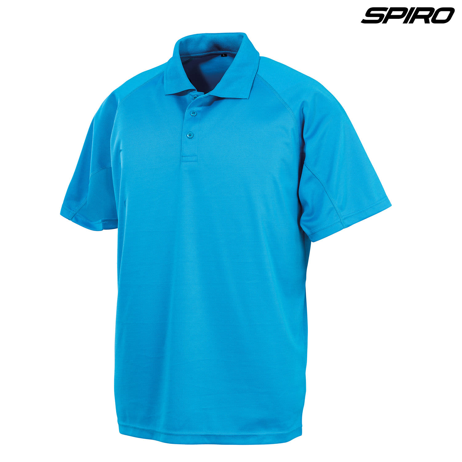 A vibrant turquoise polo shirt with a collar and buttons, featuring a logo on the upper right.