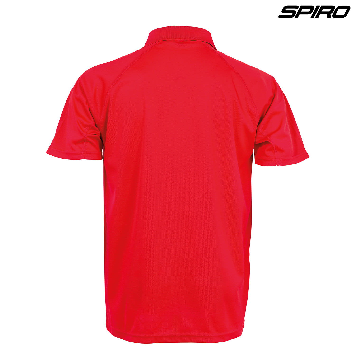 A red polo shirt featuring a collar and short sleeves, with a logo on the upper right.