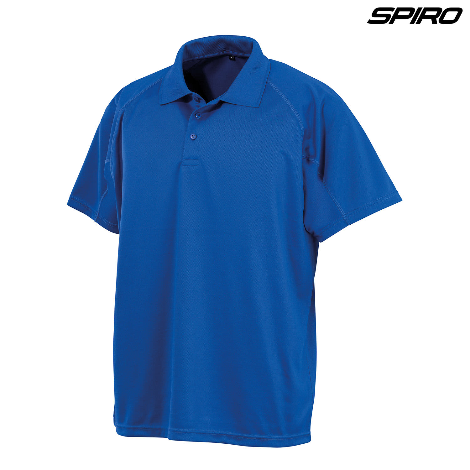 A blue polo shirt with a collar and short sleeves. It features a logo on the upper right.