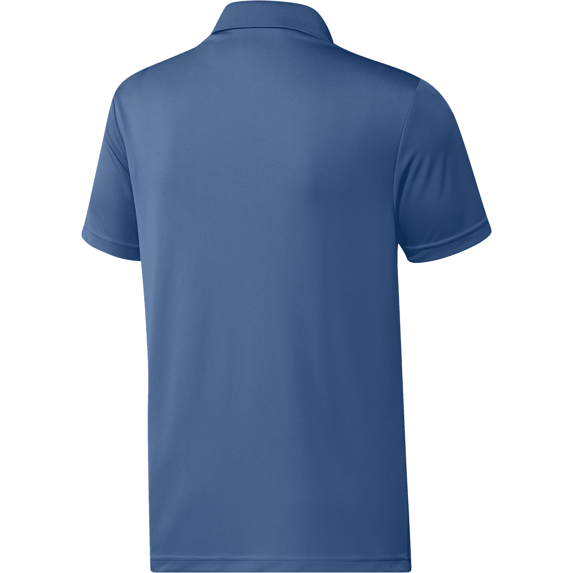 A blue polo shirt featuring a collar and short sleeves, with a logo on the back.
