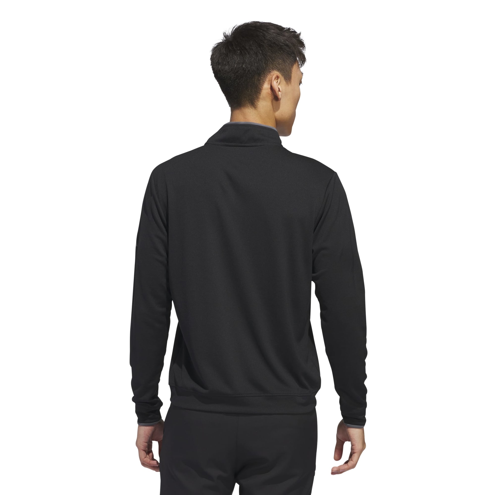 A black lightweight quarter zip pullover featuring a simple design and a logo on the back.