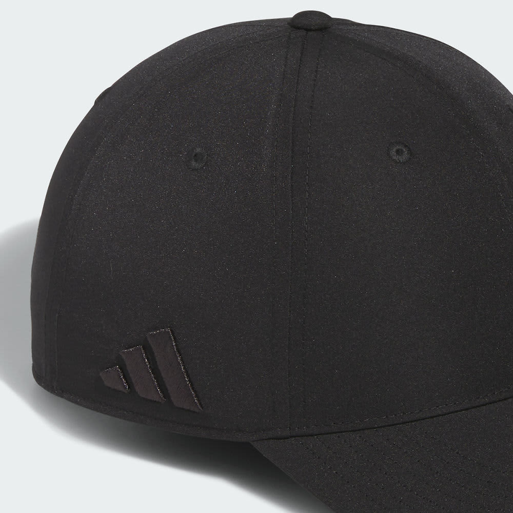 A black Adidas Performance Golf 6 Panel Cap featuring a logo on the side.