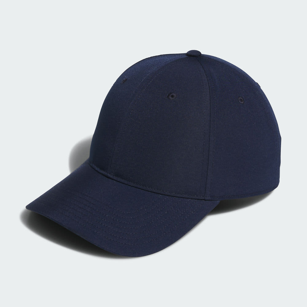 A navy blue six-panel cap with a curved brim and a logo on the front.