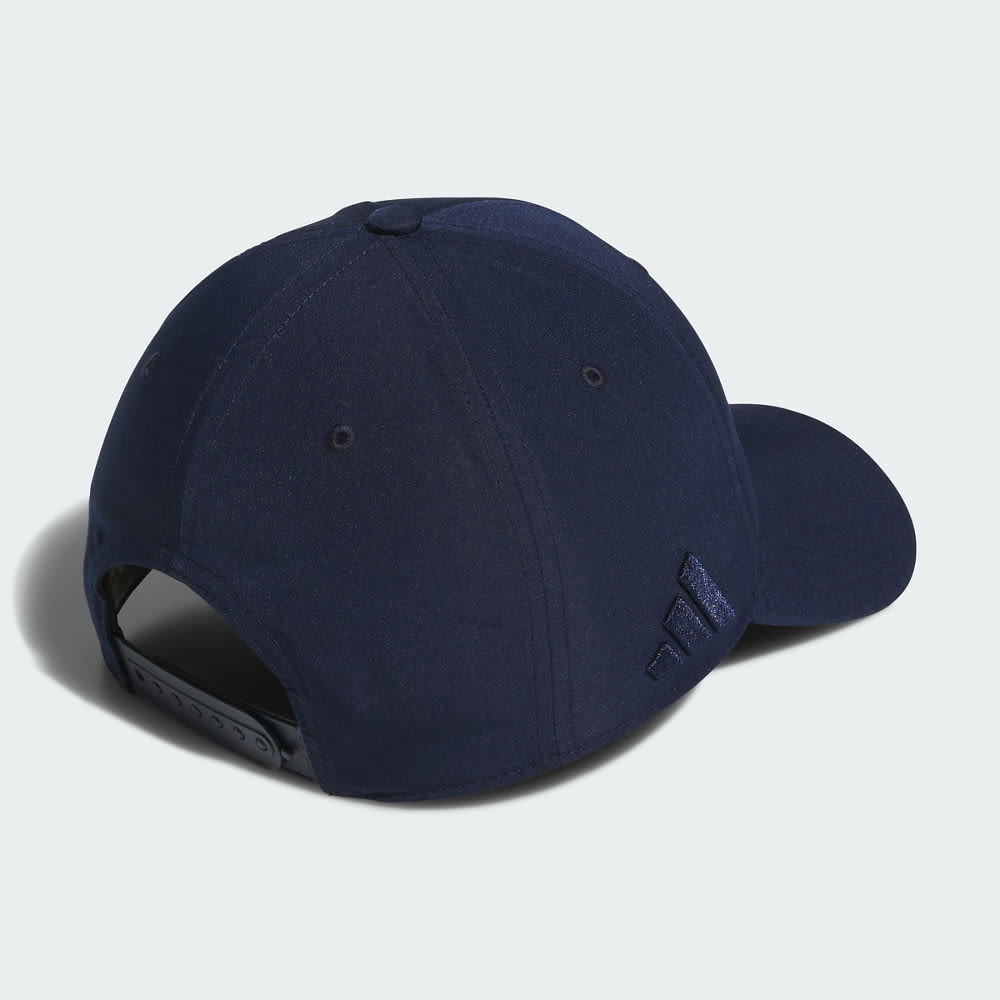 A navy blue six-panel cap with a curved brim and a logo on the side.