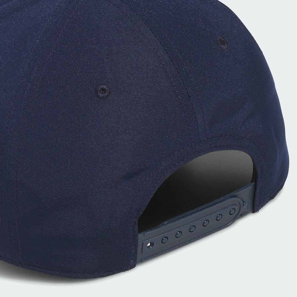 A navy blue cap featuring a structured six-panel design with a snapback closure.