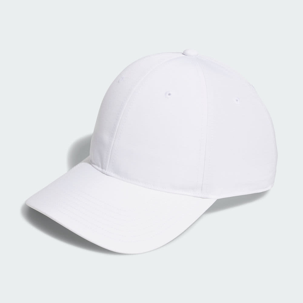 A white six-panel cap with a curved brim and an adjustable strap at the back, featuring a logo.