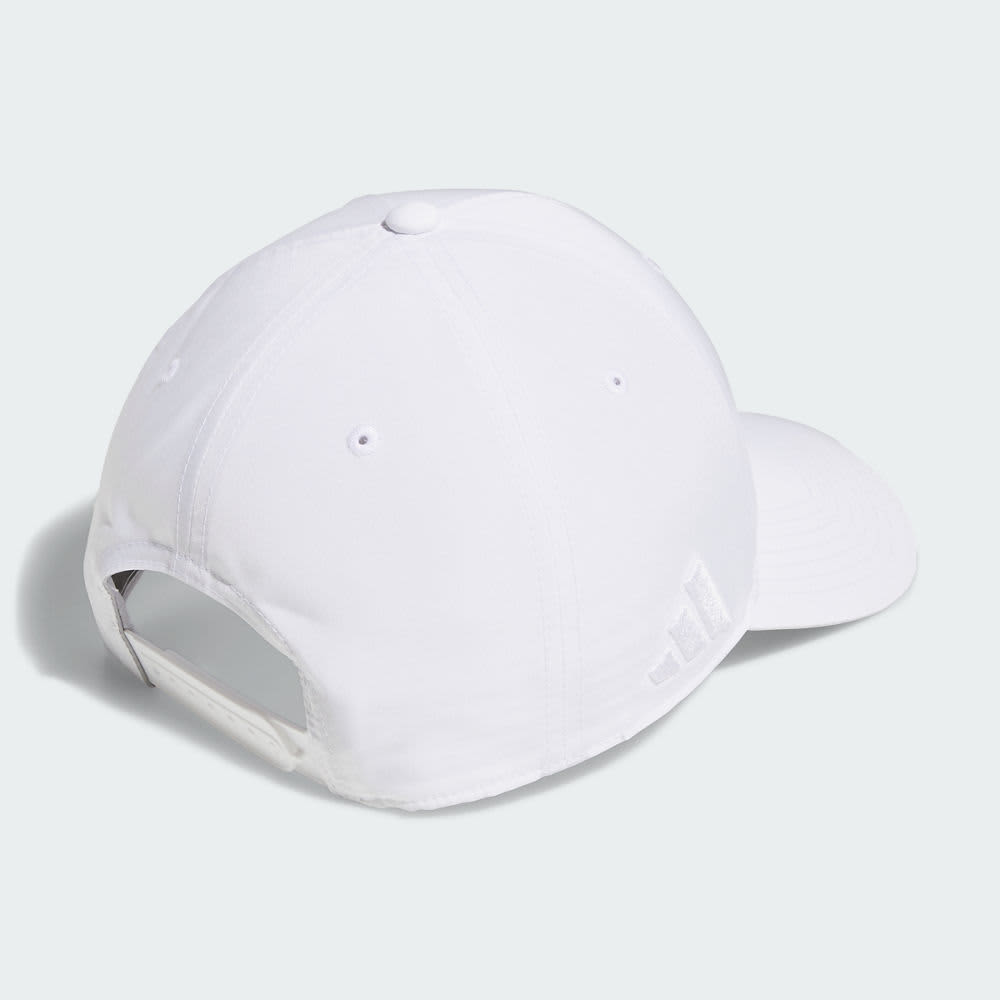 A white six-panel cap with a curved brim, featuring a logo on the side and an adjustable strap at the back.