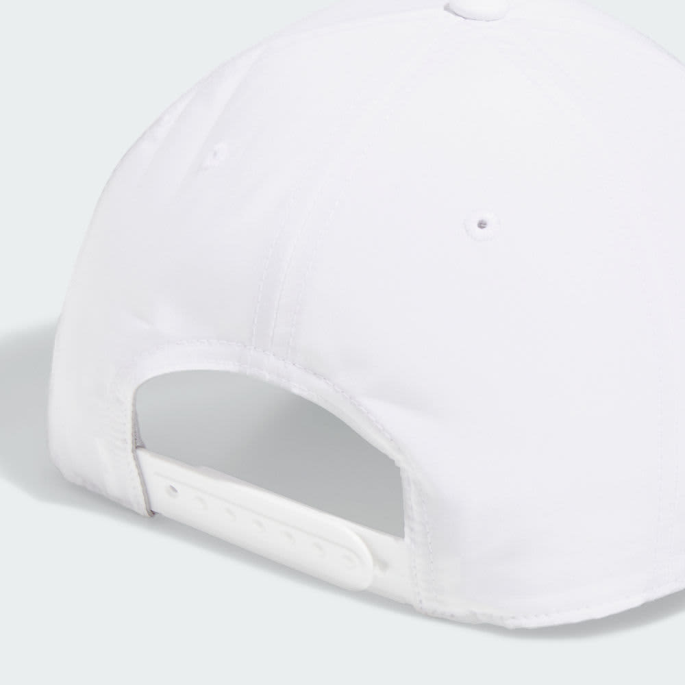 A white six-panel cap featuring an adjustable strap and a logo on the back.