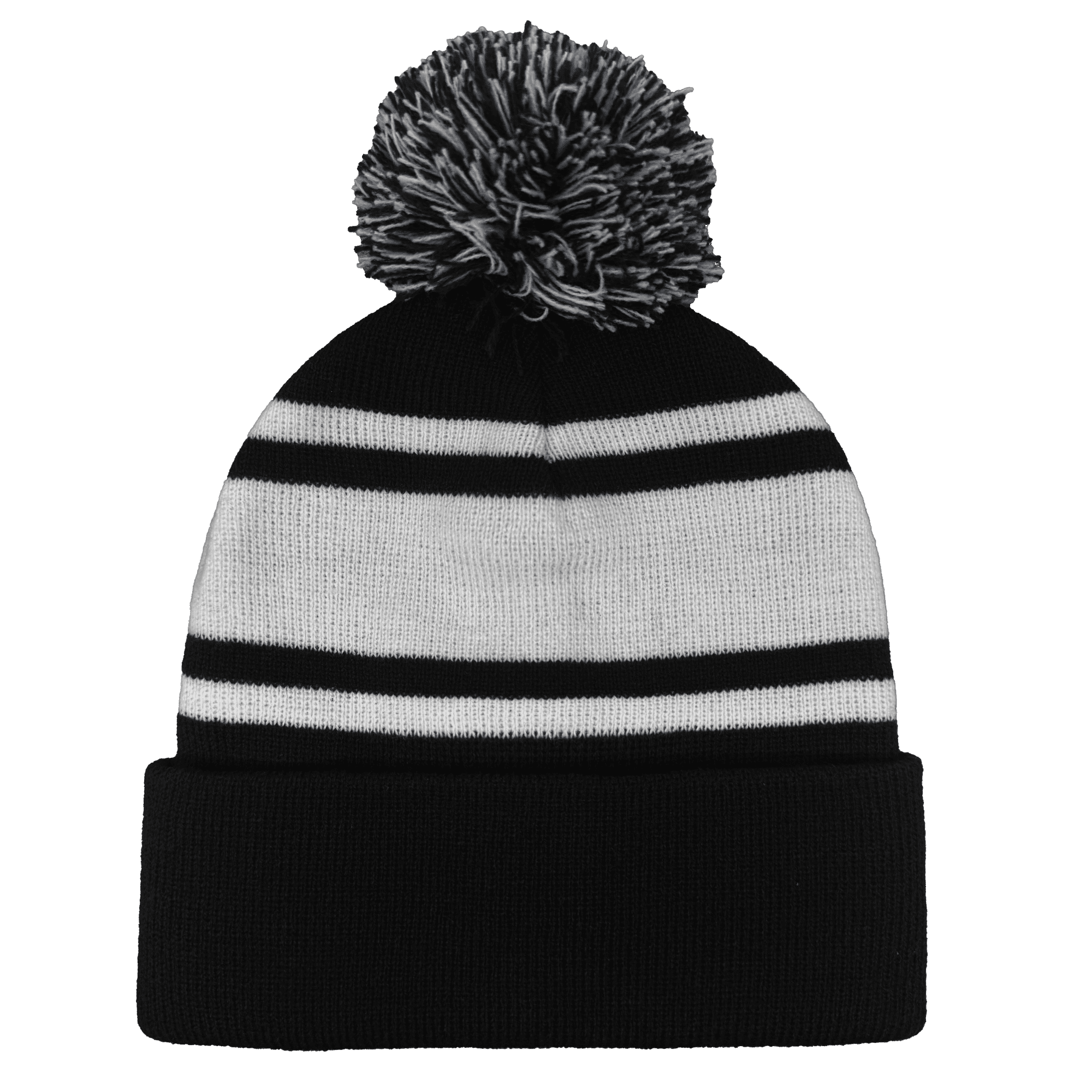 A black and white striped knitted beanie with a pom pom on top and a logo.