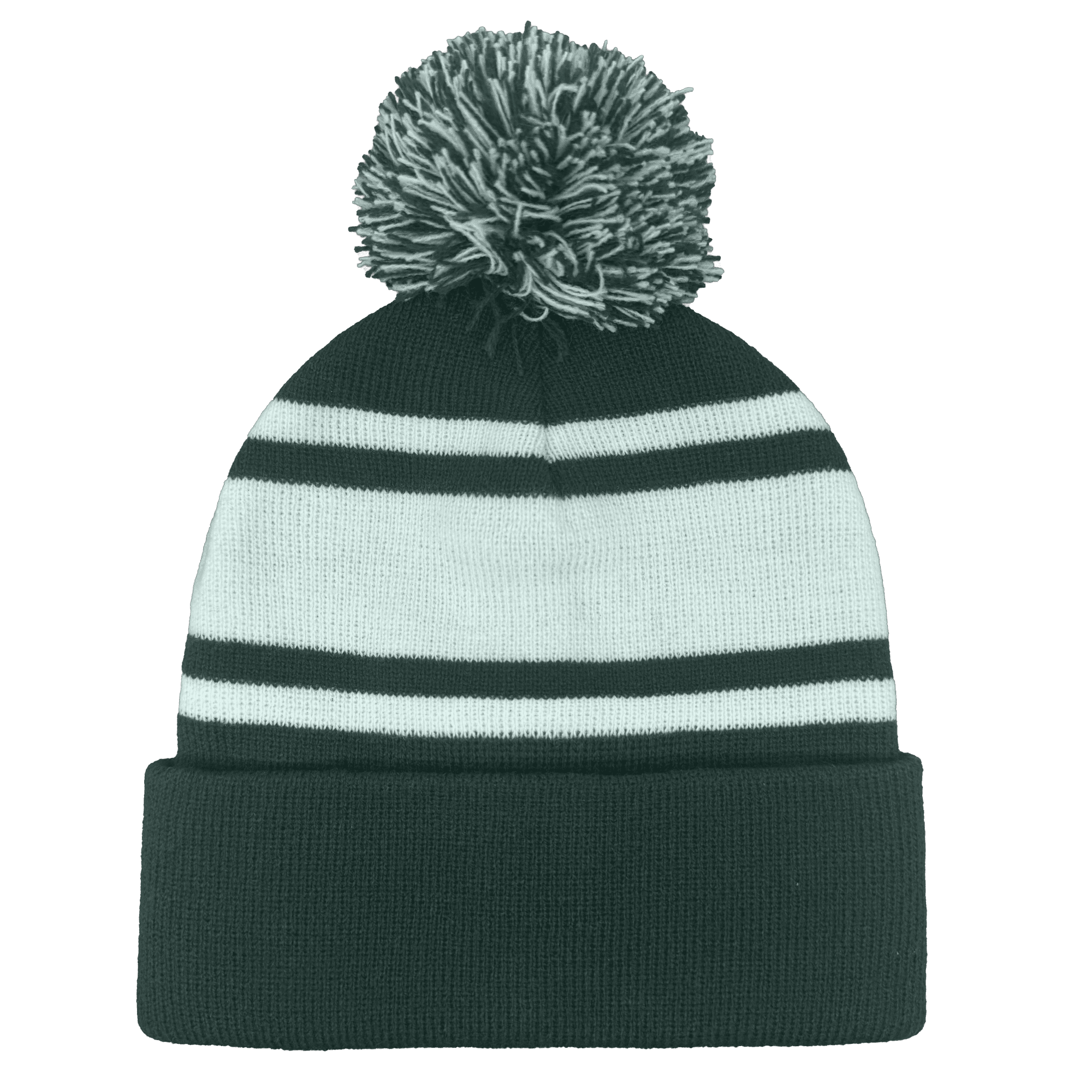 A cuffed knitted pom pom beanie in dark green with white stripes and a fluffy pom pom on top.
