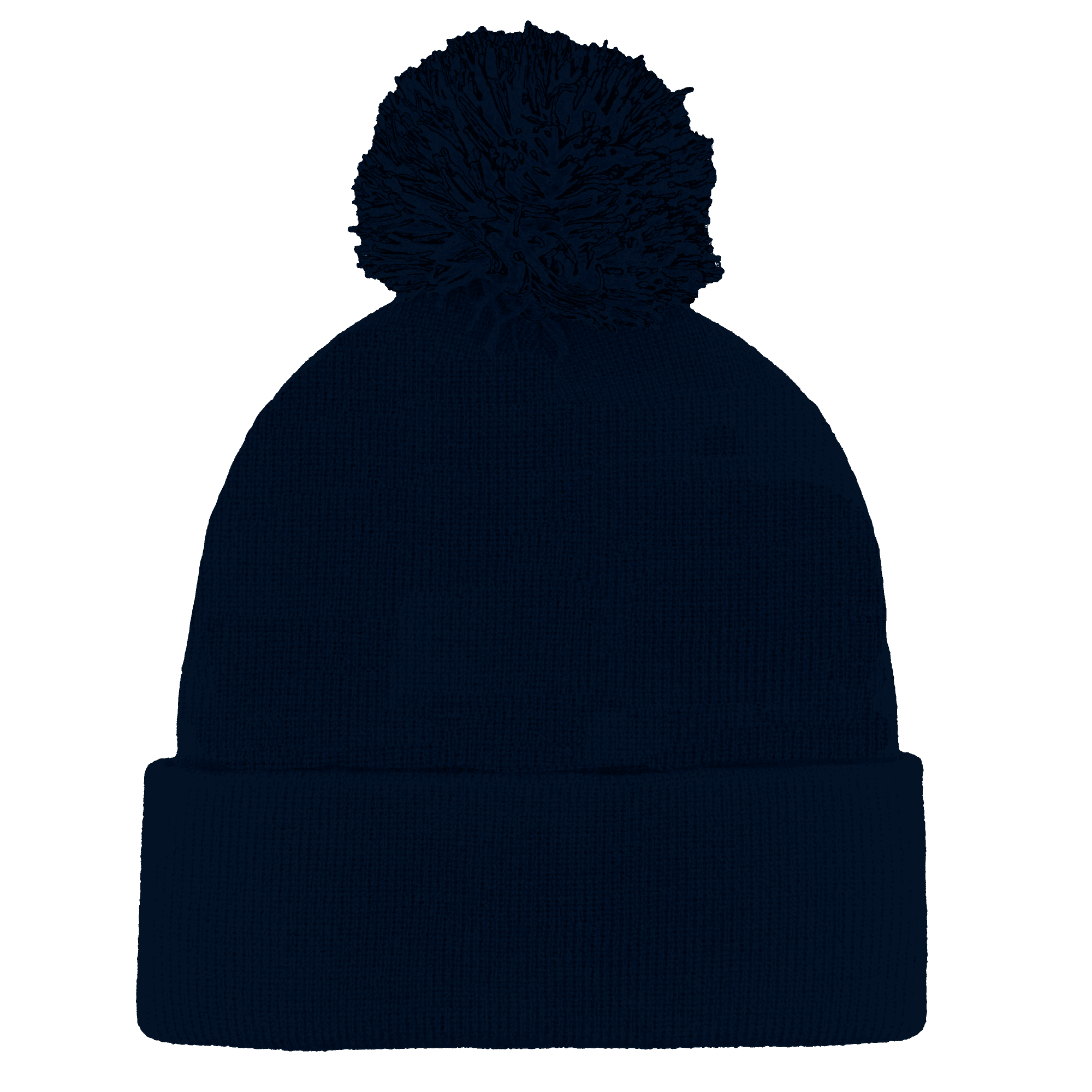 A navy beanie with a cuffed design and a fluffy pom-pom on top. It features a logo on the front.