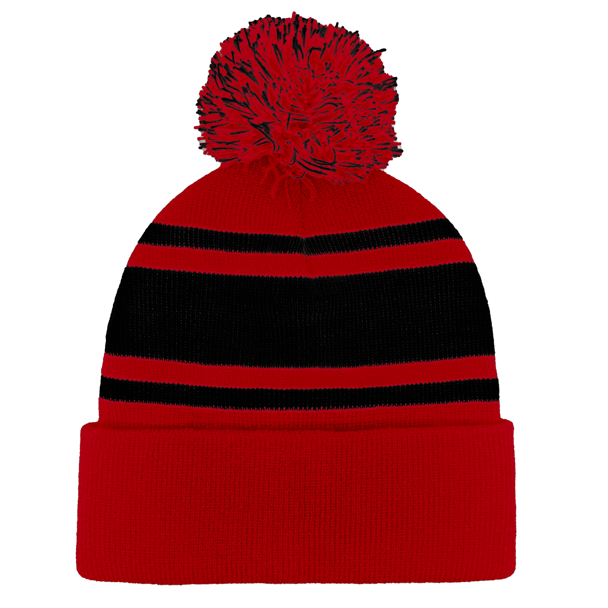 A red knitted beanie with black stripes and a large pom pom on top, featuring a logo.