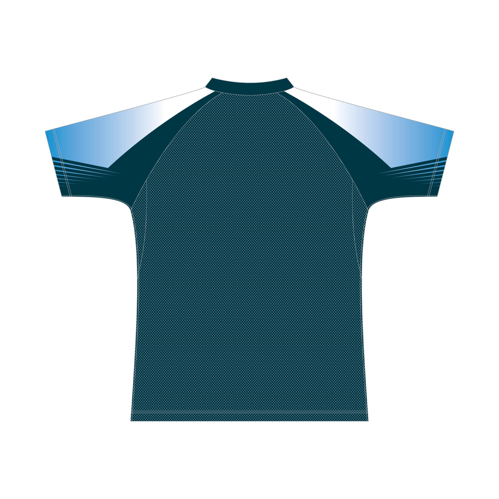 A green and blue short-sleeved t-shirt featuring a textured design and a logo.