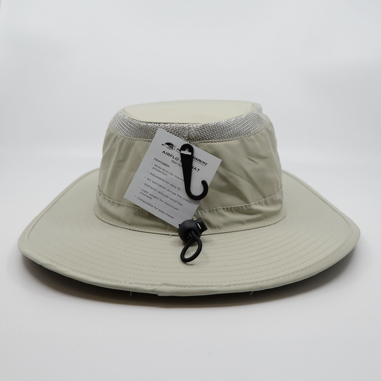 A beige sun hat with a wide brim, featuring a chin strap and a mesh band for ventilation, includes a logo.