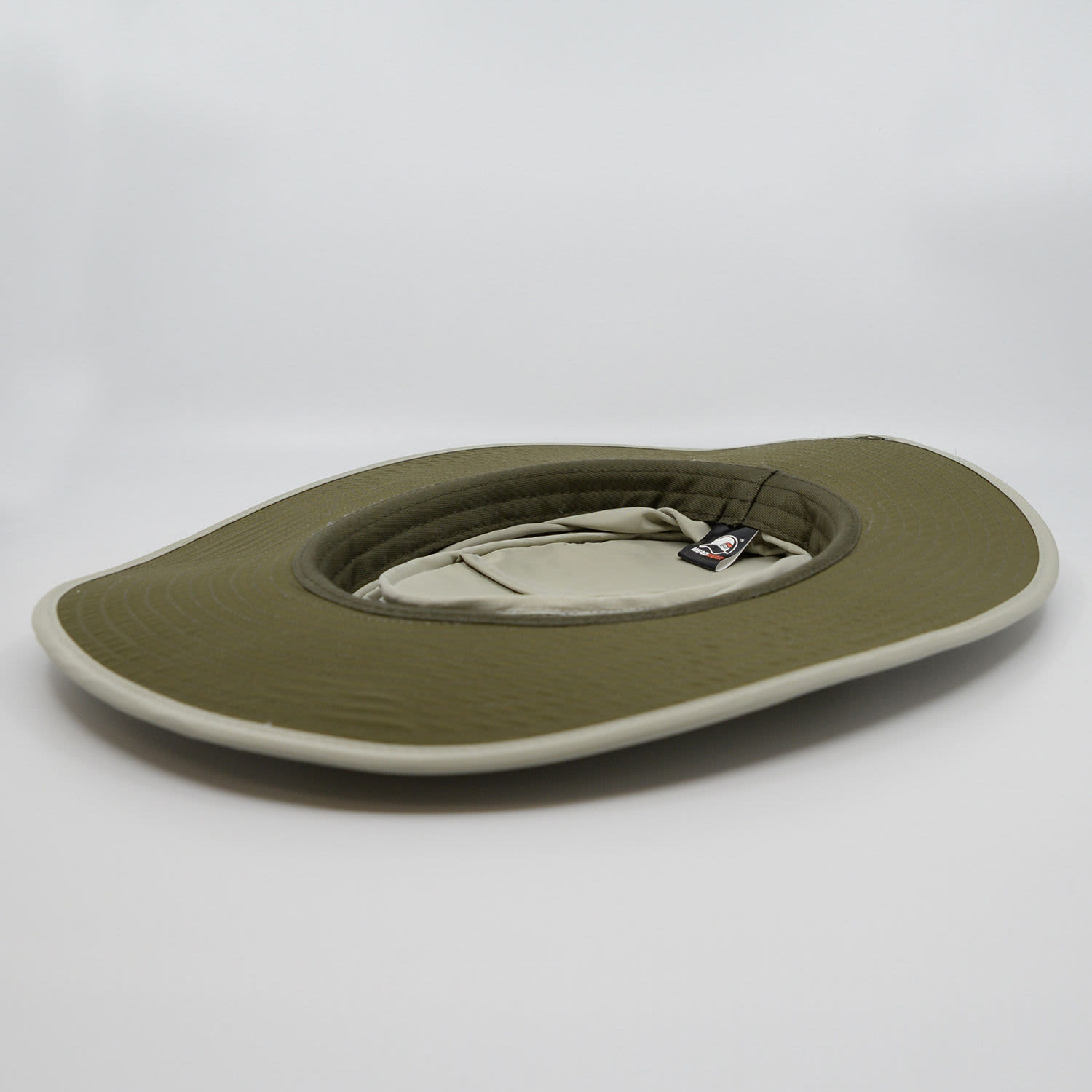 A green and light grey Airflo Sun Hat featuring a wide brim and a label on the inside.