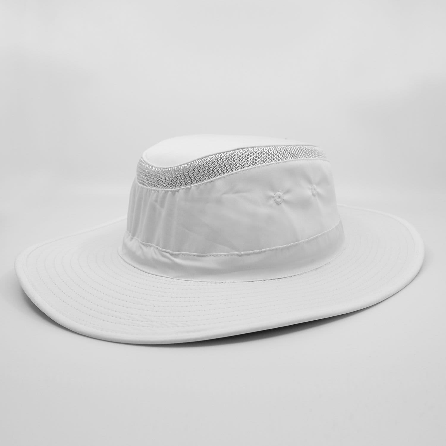 A white bucket hat featuring a wide brim and mesh detailing, designed for sun protection. It has a logo on the band.