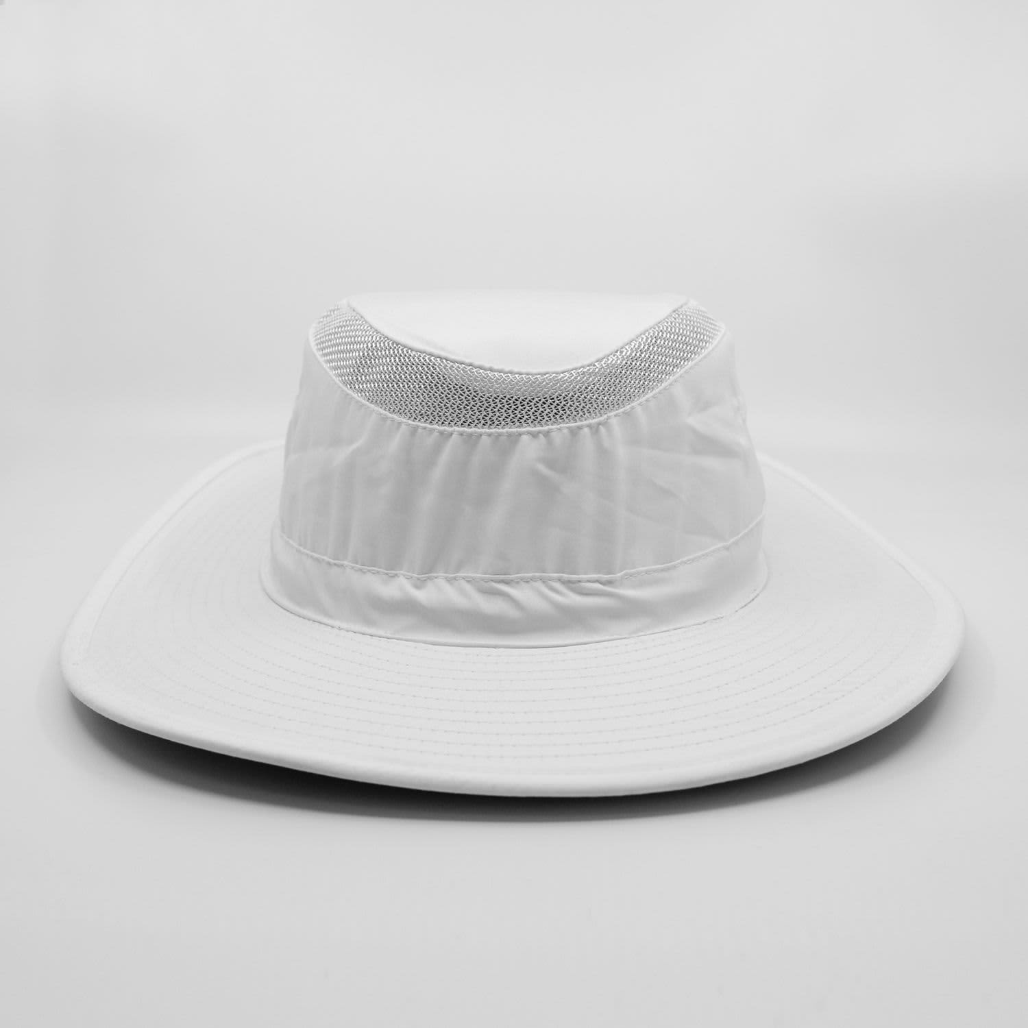 A white Airflo sun hat with a wide brim and mesh panel for ventilation, featuring a logo.