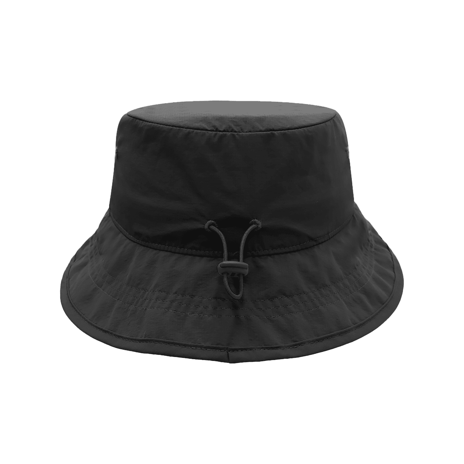 A black H2300 Surf Bucket Hat with a wide brim and adjustable toggle. It features a simple design and has a logo.