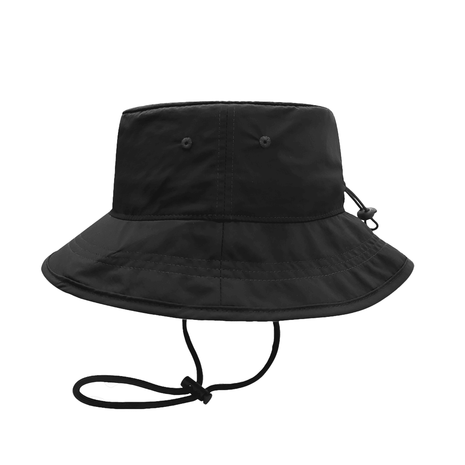 A black H2300 surf bucket hat with a wide brim and chin strap, featuring ventilation eyelets.
