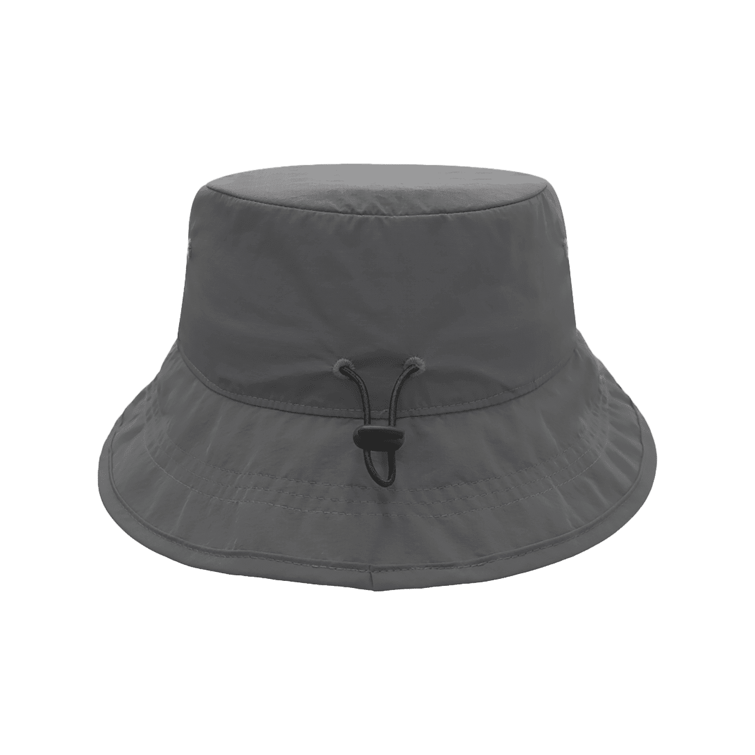 A grey bucket hat with a drawstring, featuring a logo on its side.