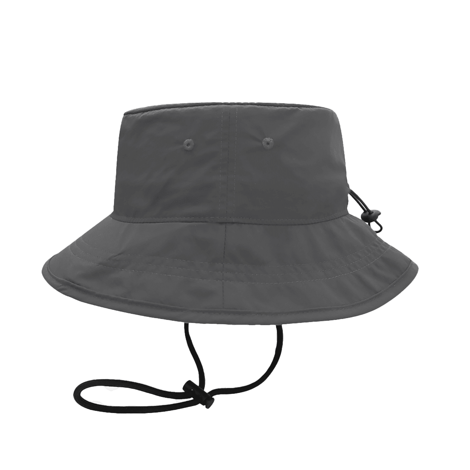 A grey bucket hat with a wide brim and adjustable chin strap. It features two side vents and a logo.