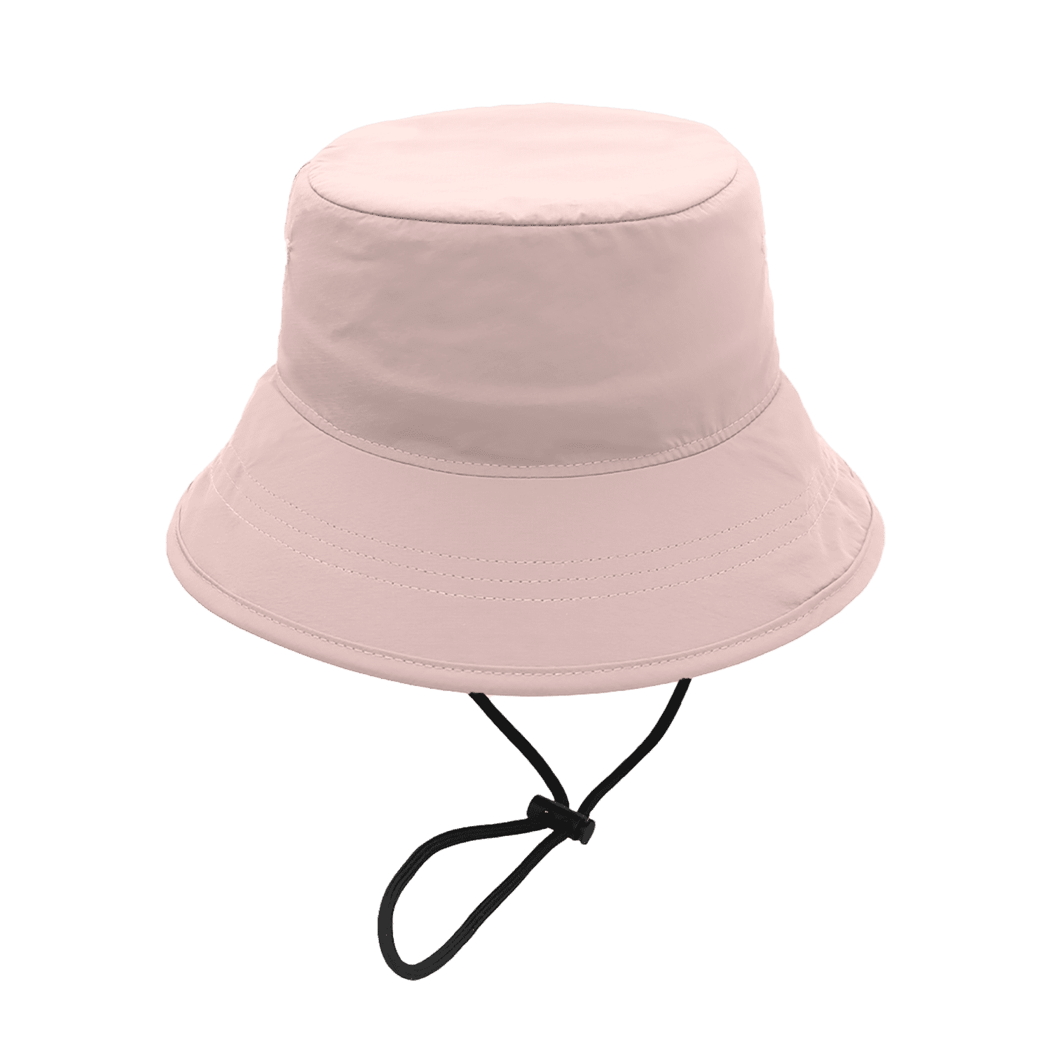 A light pink bucket hat with a wide brim and an adjustable chin strap. It includes a logo on the side.