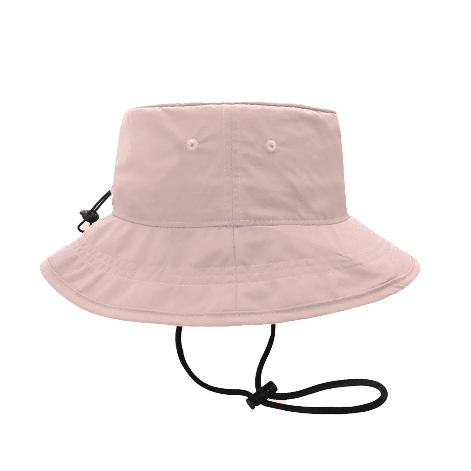 A pink bucket hat with a wide brim and adjustable chin strap, featuring a branding logo.