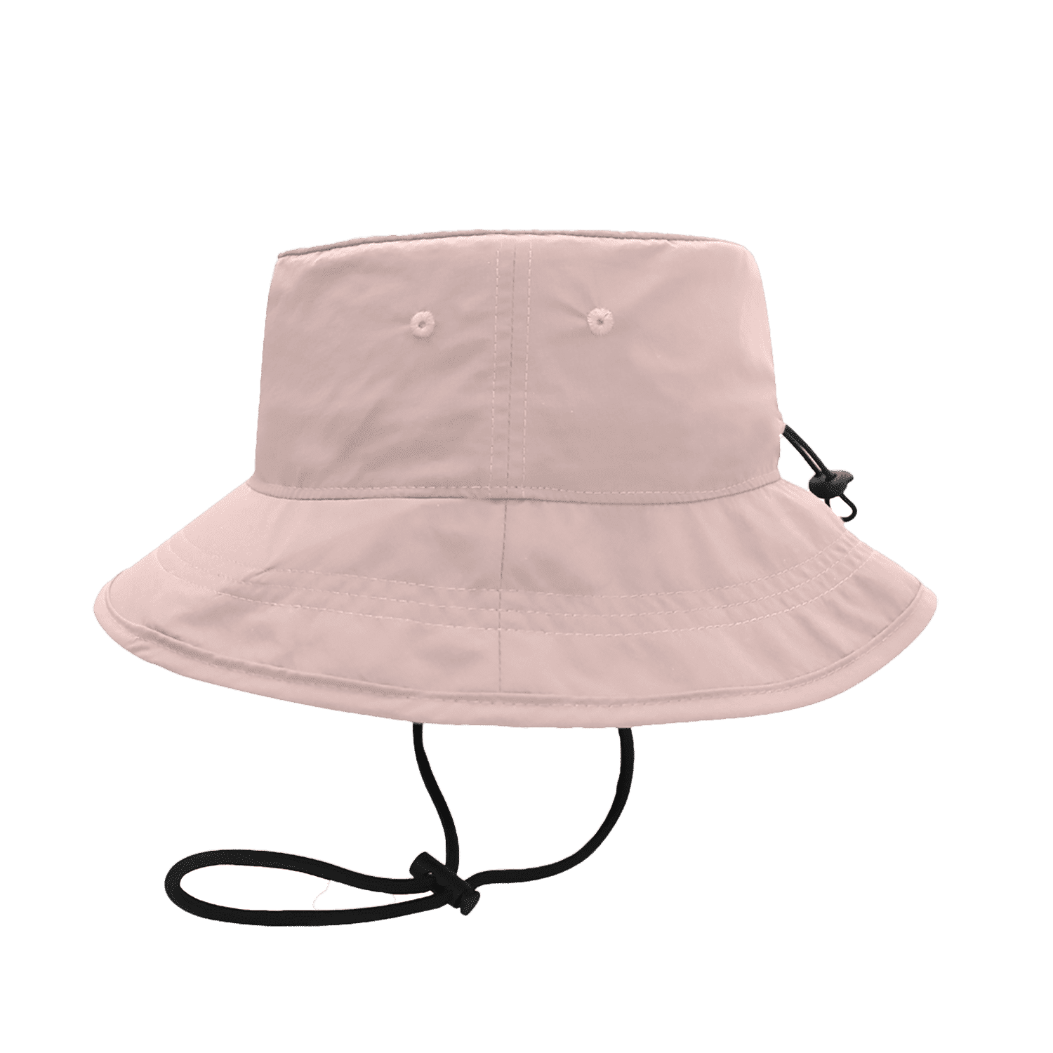 A light pink bucket hat featuring a wide brim and an adjustable chin strap, with a branding logo present.