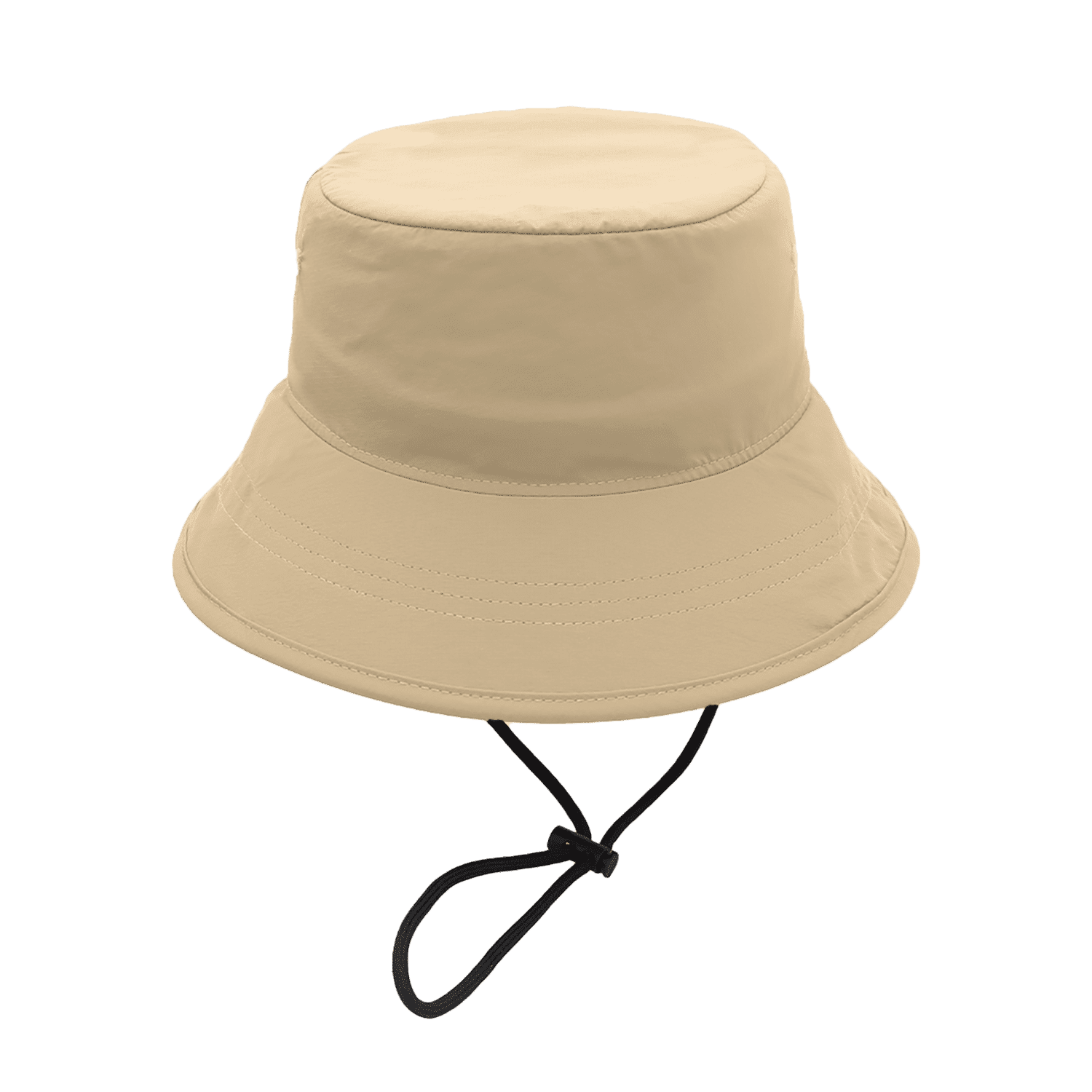 A tan bucket hat with a wide brim and an adjustable chin strap, featuring a logo on the side.