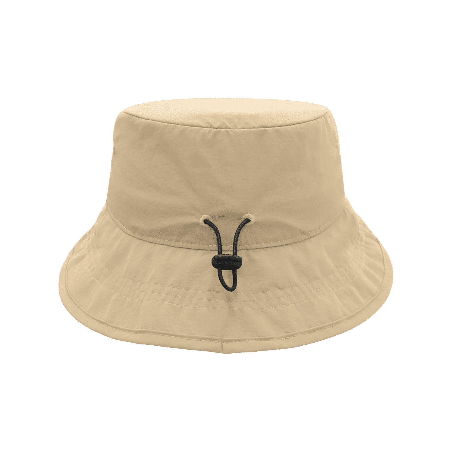 A tan bucket hat with an adjustable chin strap, featuring a logo on the side.