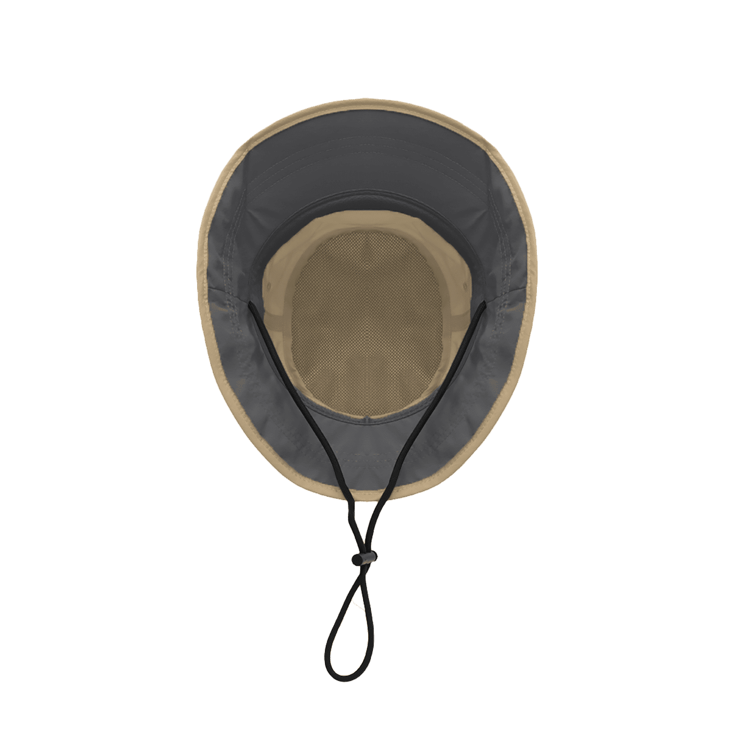 A light tan bucket hat with a mesh lining and an adjustable drawstring at the brim.