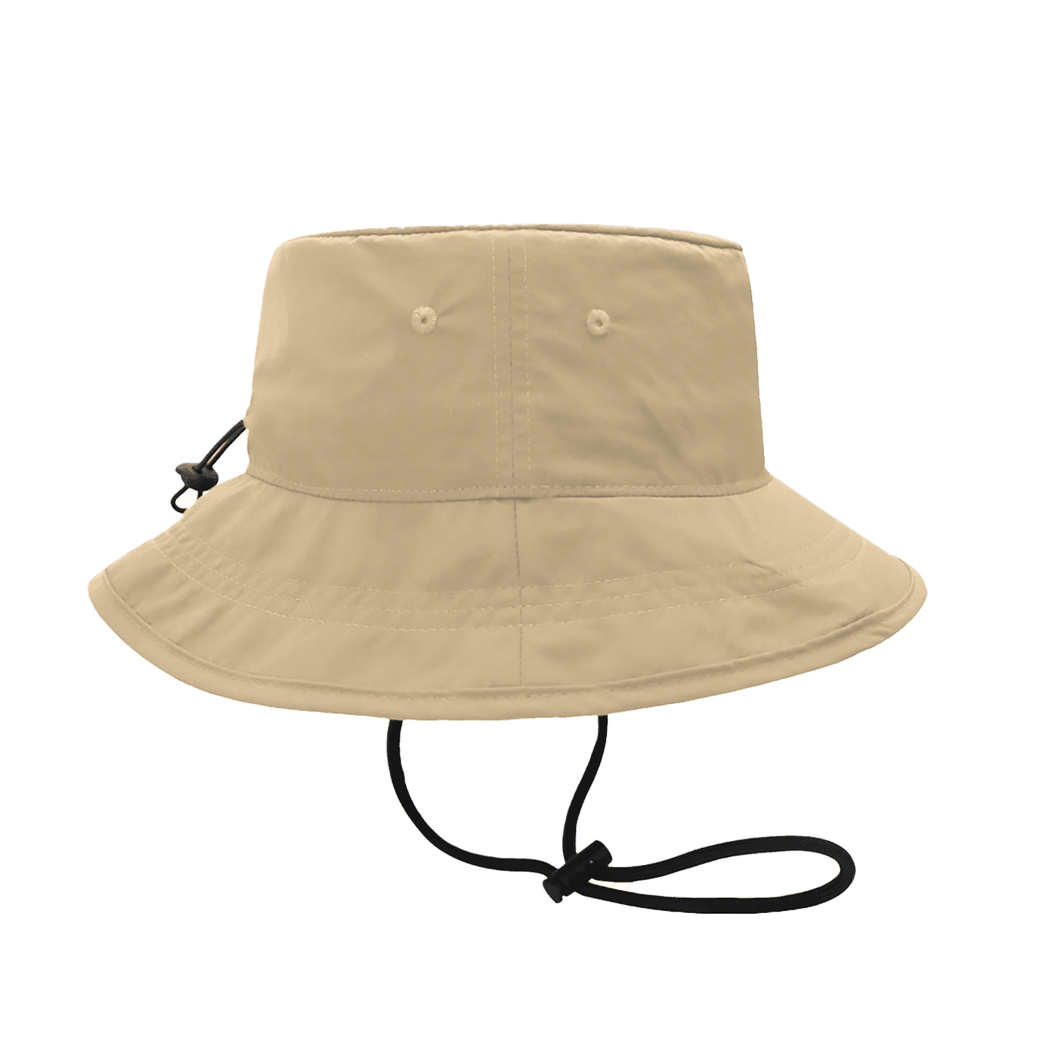 A beige bucket hat with a wide brim and a chin strap, featuring a logo on the side.