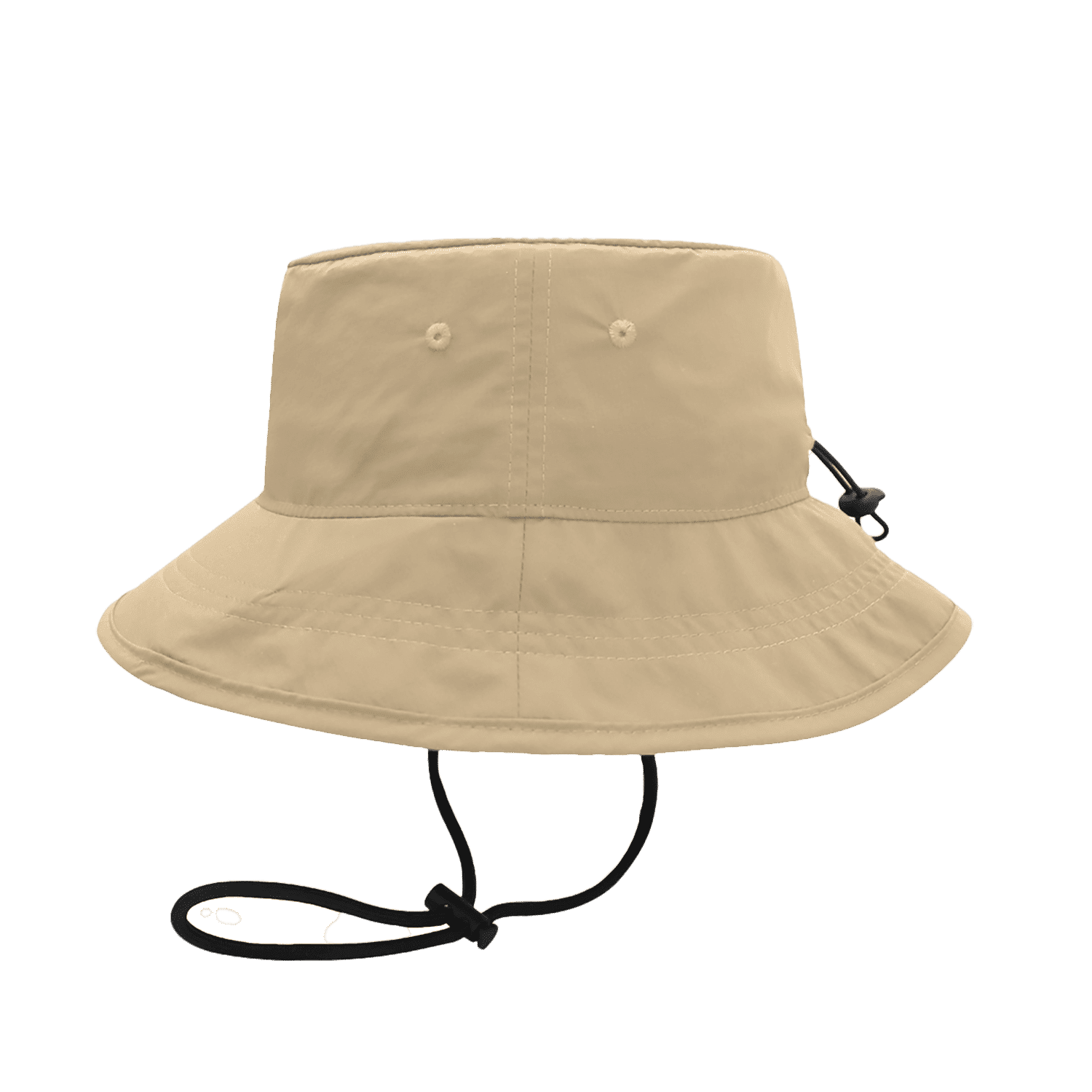 A beige bucket hat with a wide brim and an adjustable chin strap. Features a logo on the side.
