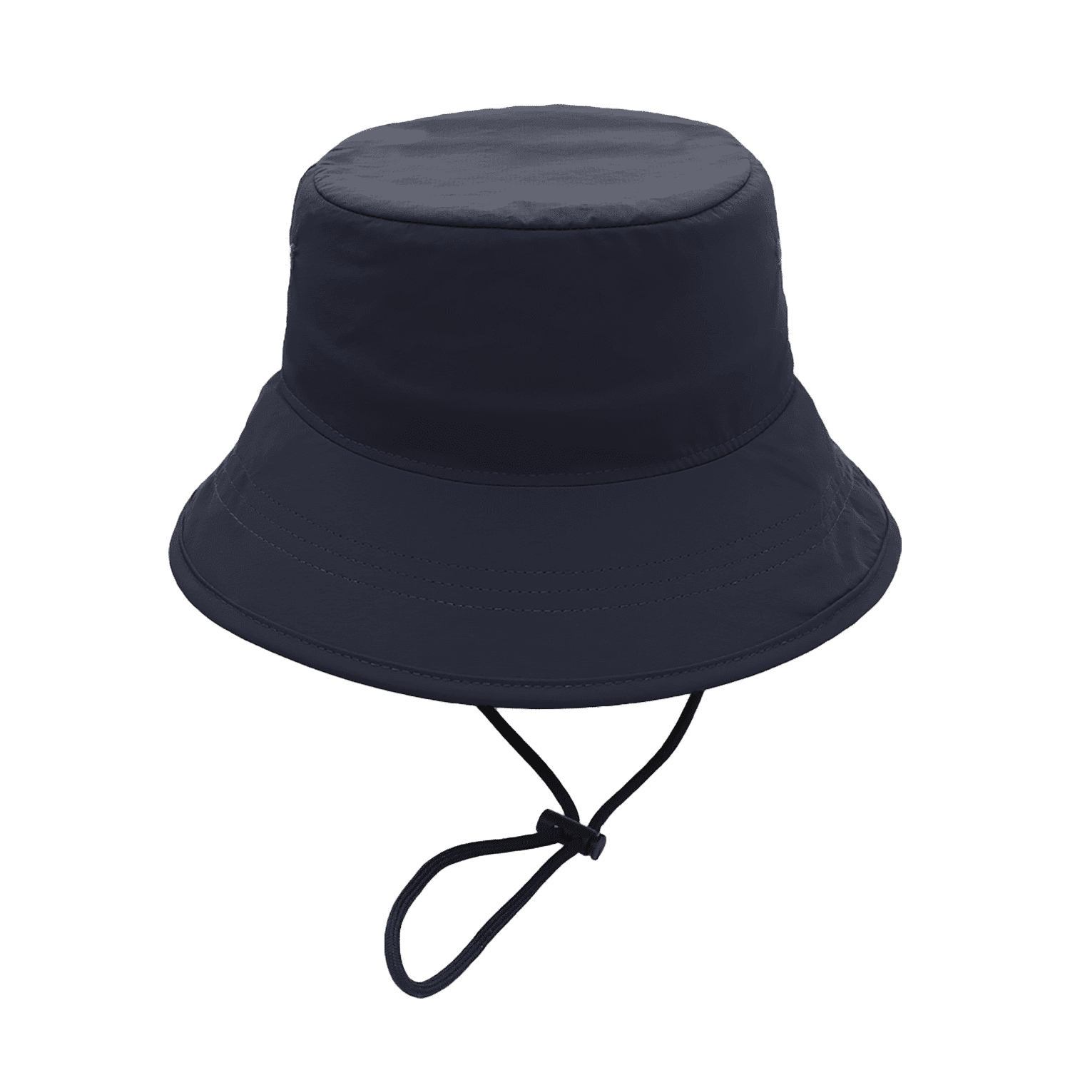 A navy blue surf bucket hat with a wide brim and adjustable chin strap. It features a logo on the side.