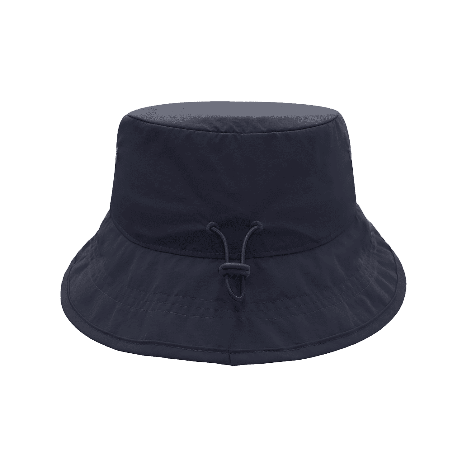 A navy blue bucket hat with a wide brim and drawstring adjustment. It features a logo on the side.