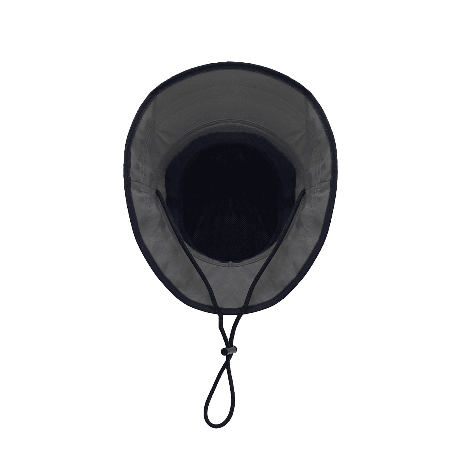 A top view of a black surf bucket hat with a chin strap and a wide brim. It has a logo inside.