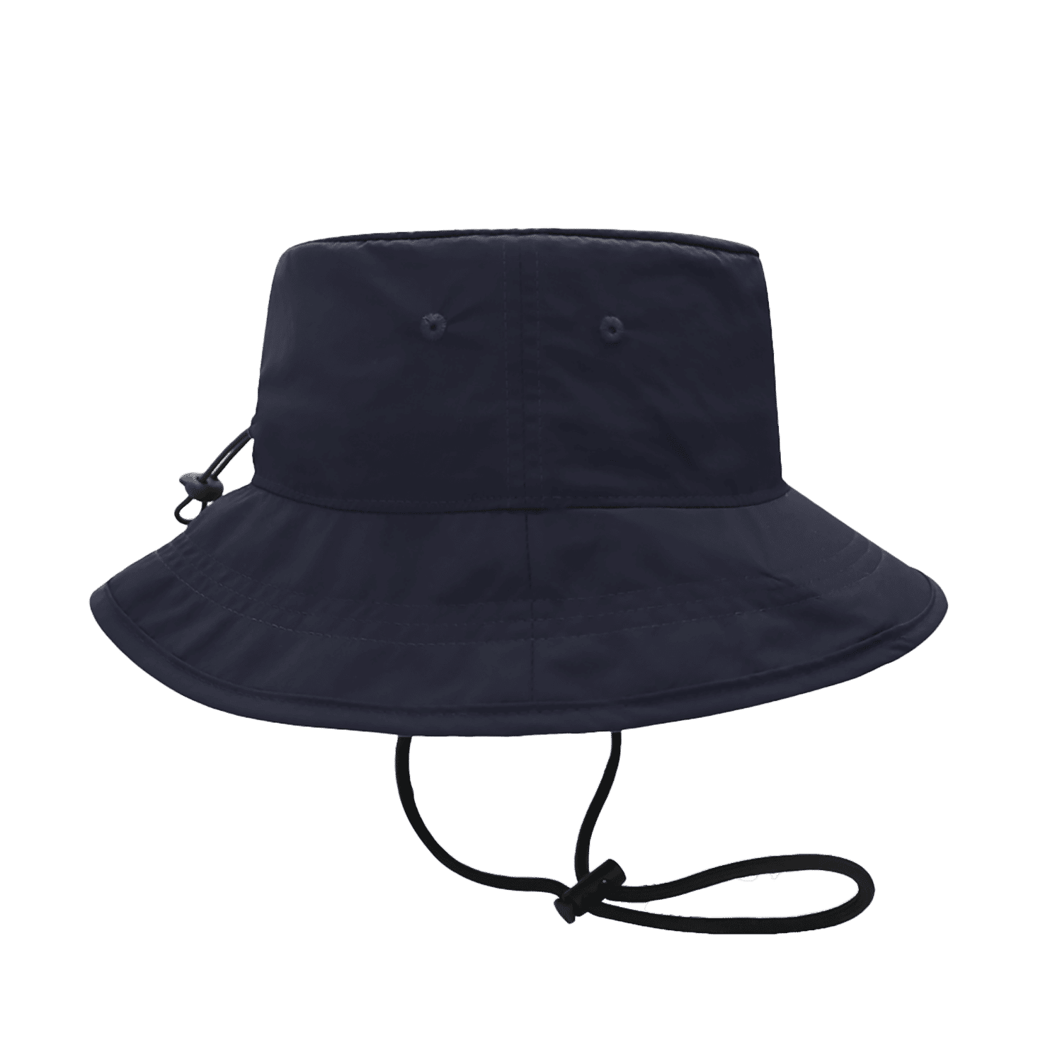 A navy blue bucket hat with a wide brim and adjustable chin strap, featuring two ventilation holes.