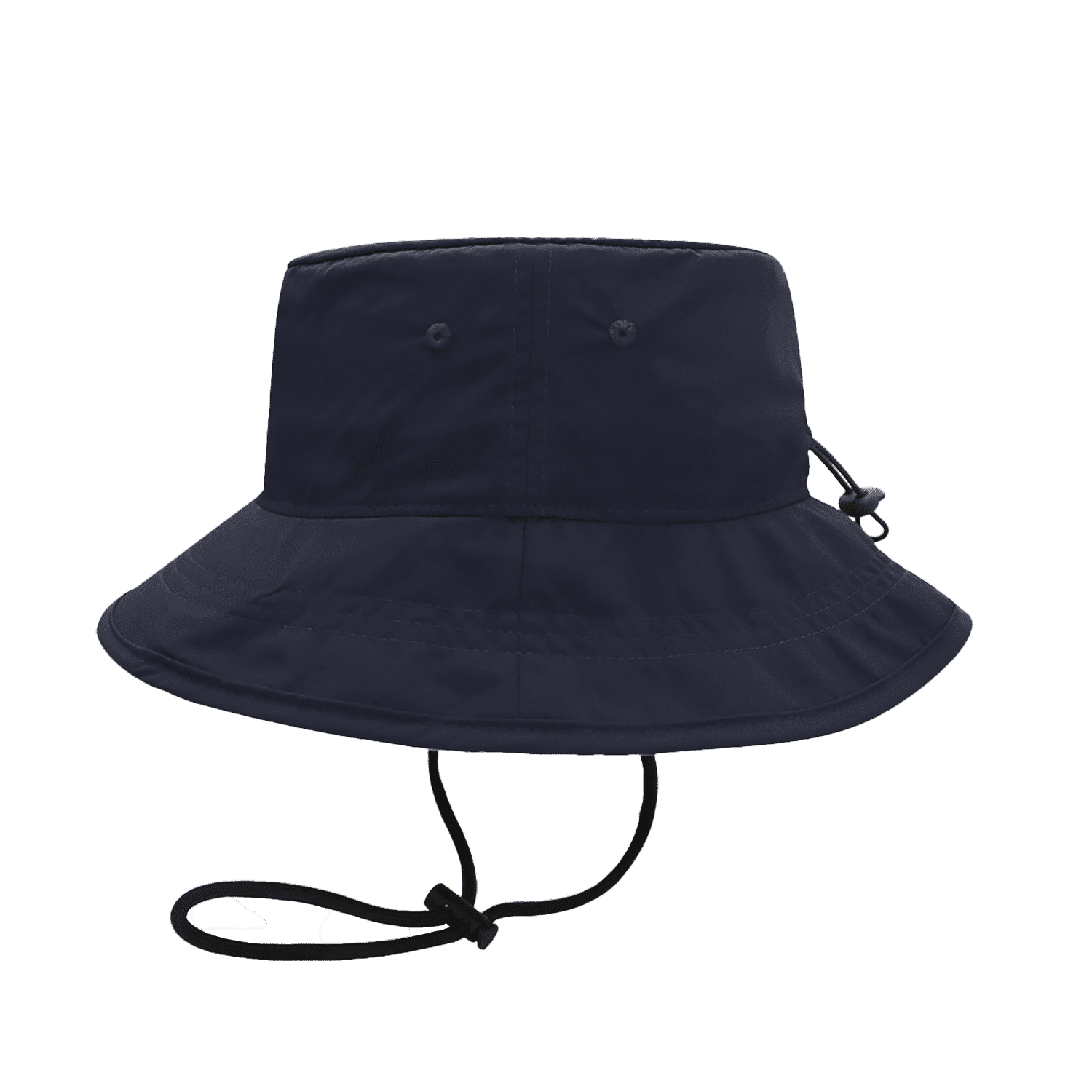 A navy blue bucket hat with a wide brim and an adjustable chin strap, featuring a logo.