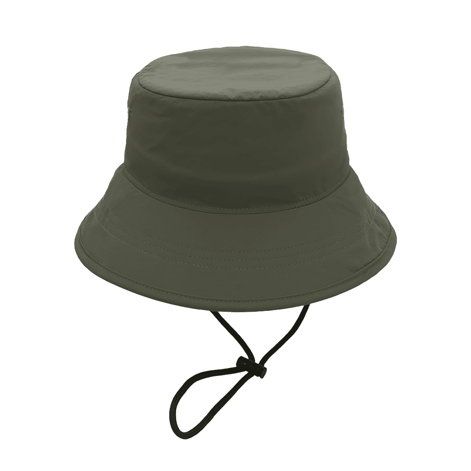 A green bucket hat with a wide brim and an adjustable chin strap. It features a logo on the side.