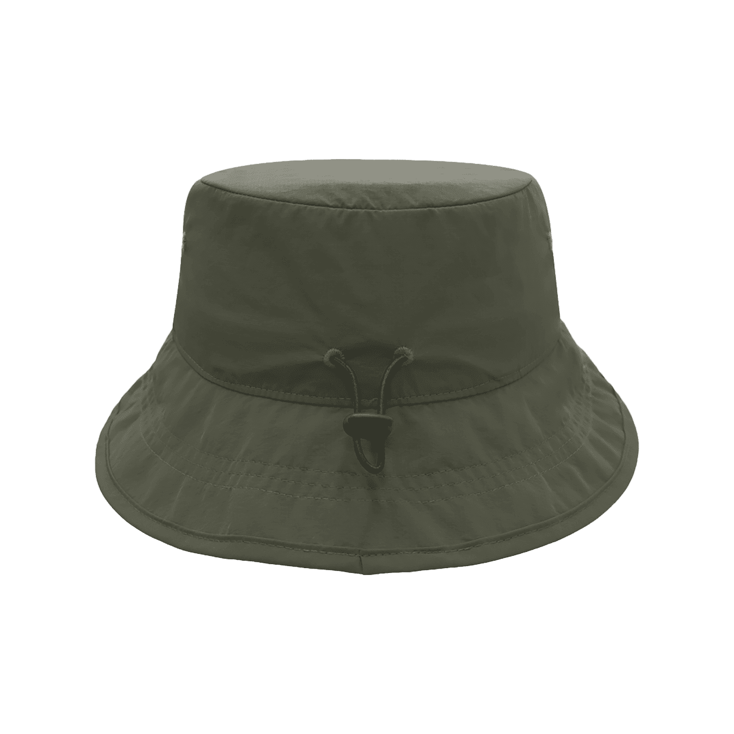A dark green bucket hat featuring adjustable ties and a wide brim. It has a simple design with a logo on the side.