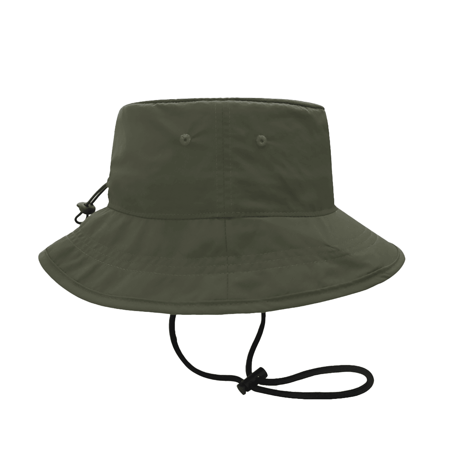 An olive green bucket hat with a wide brim and adjustable chin strap, featuring a branding logo.